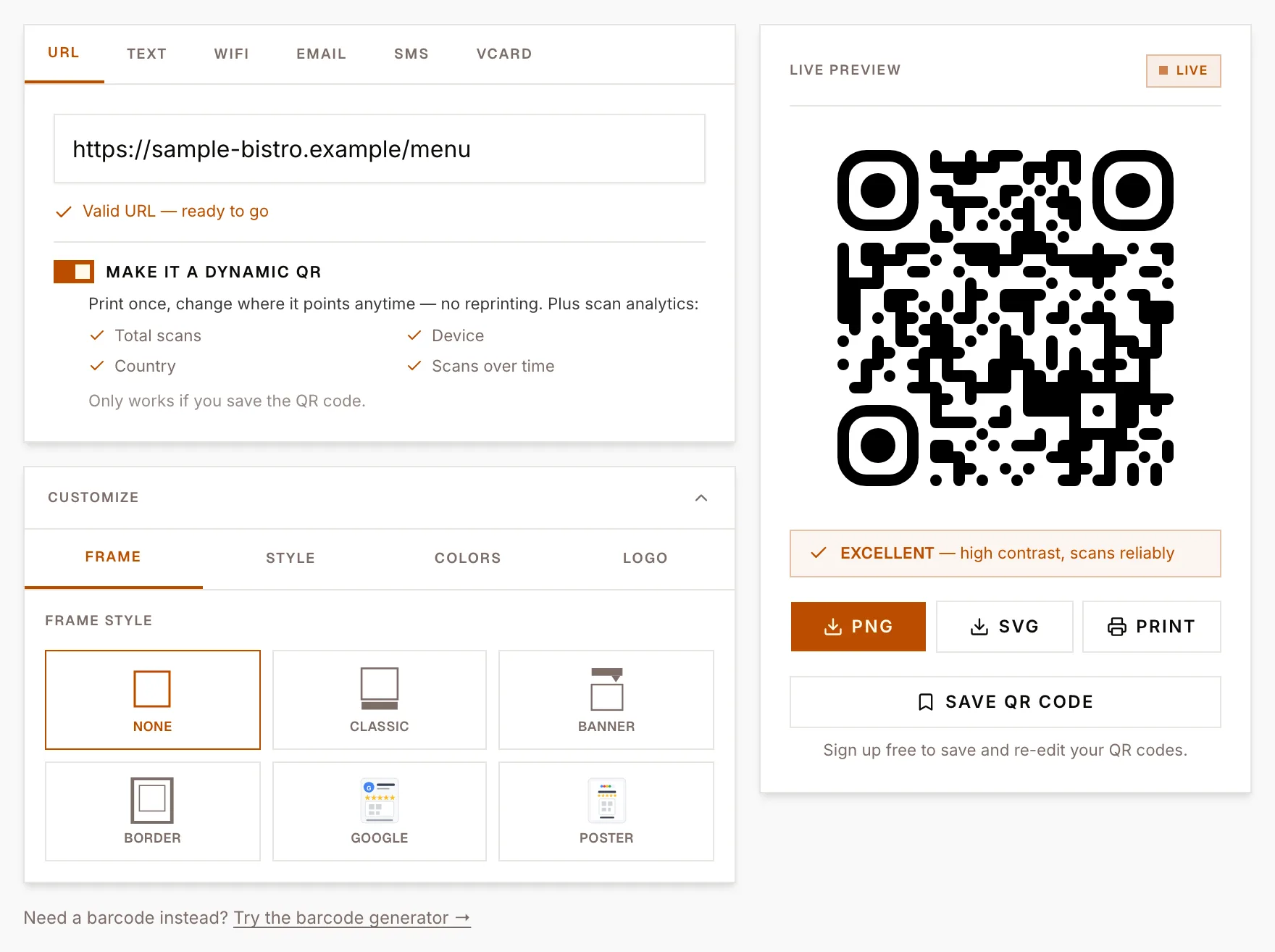 Screenshot — create a tracked QR