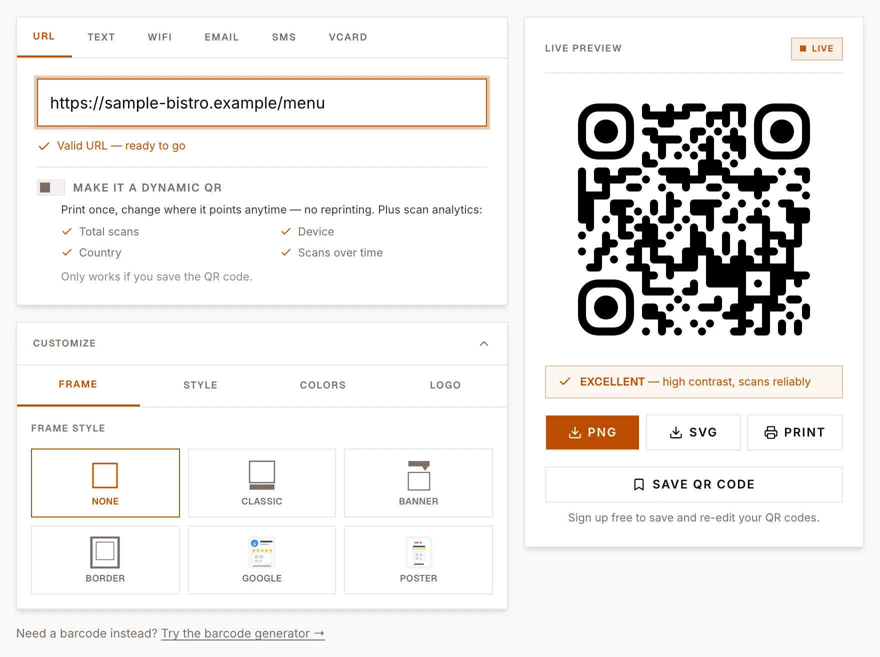 Screenshot — dynamic QR generator