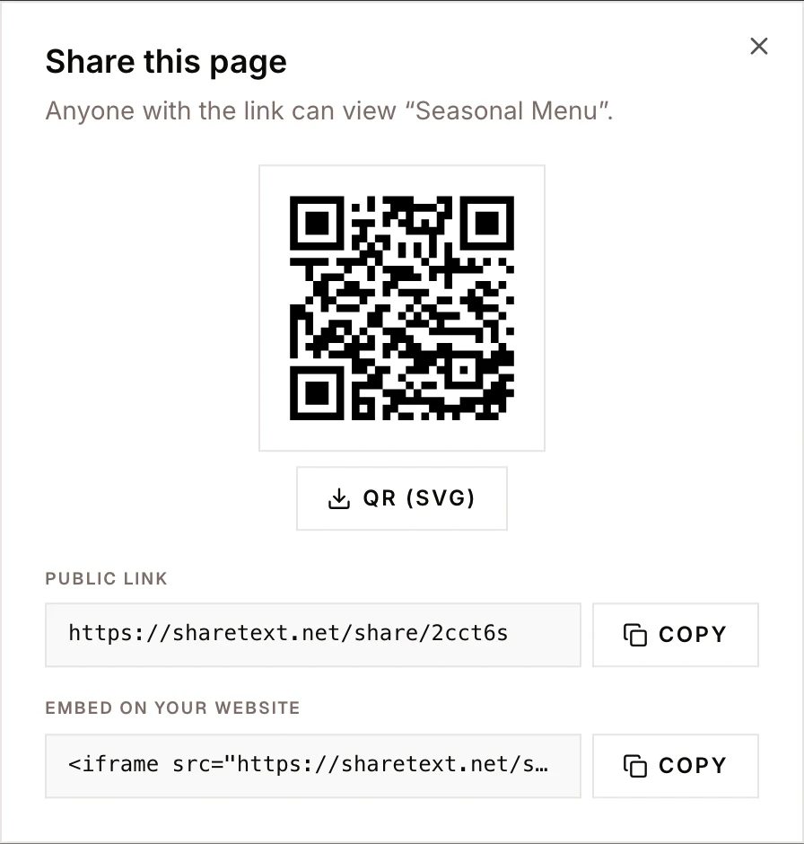Screenshot — share link + QR